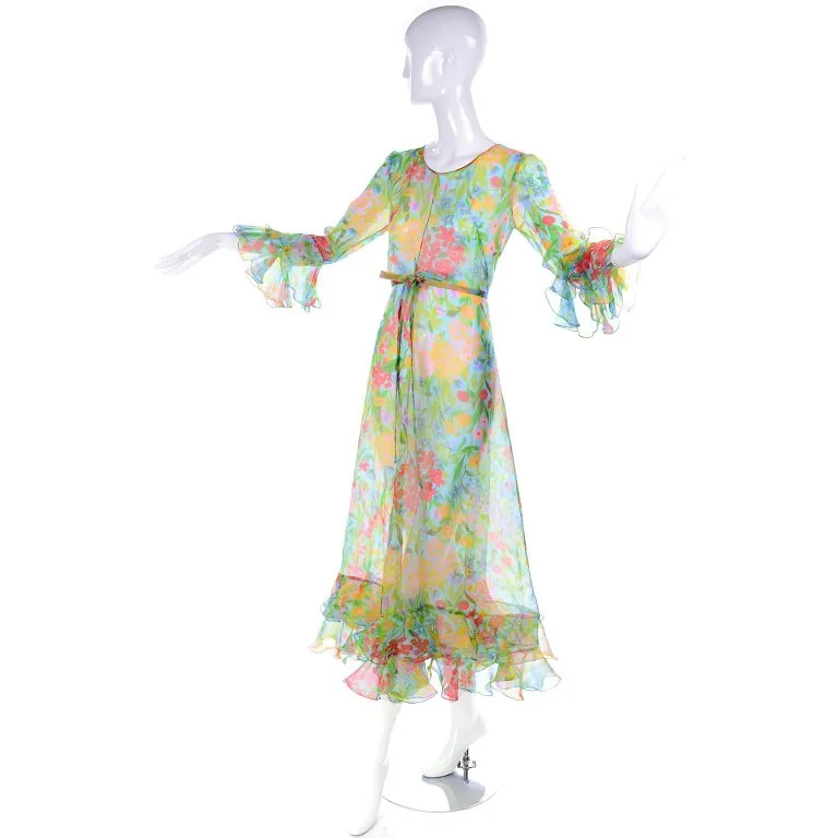 Vintage Sheer Floral Organza Dress w/ Ruffle Sleeves & Hem 4/6