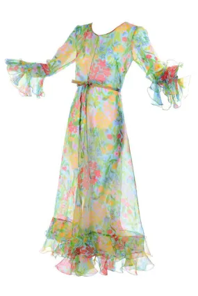 Vintage Sheer Floral Organza Dress w/ Ruffle Sleeves & Hem 4/6