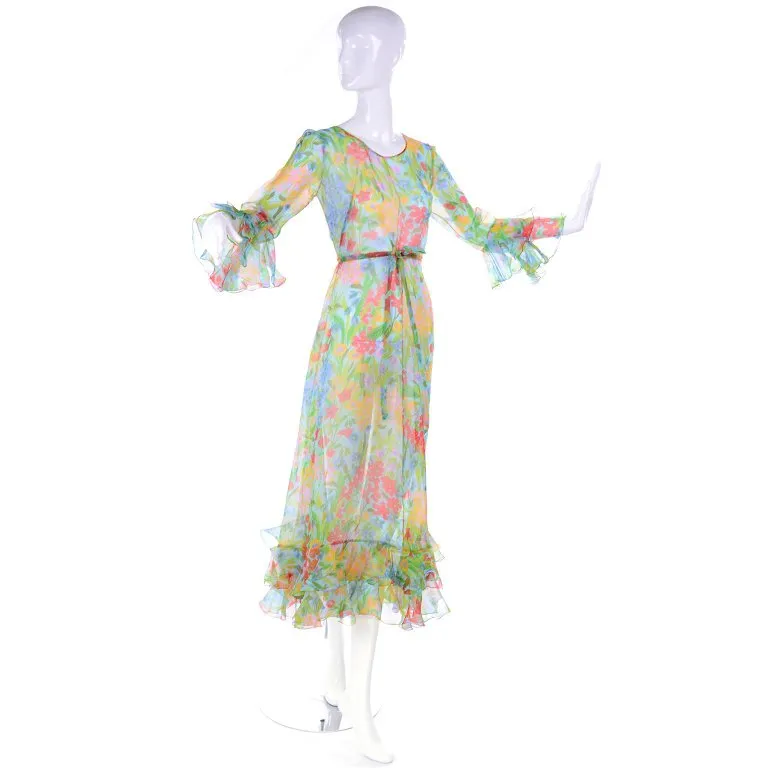 Vintage Sheer Floral Organza Dress w/ Ruffle Sleeves & Hem 4/6