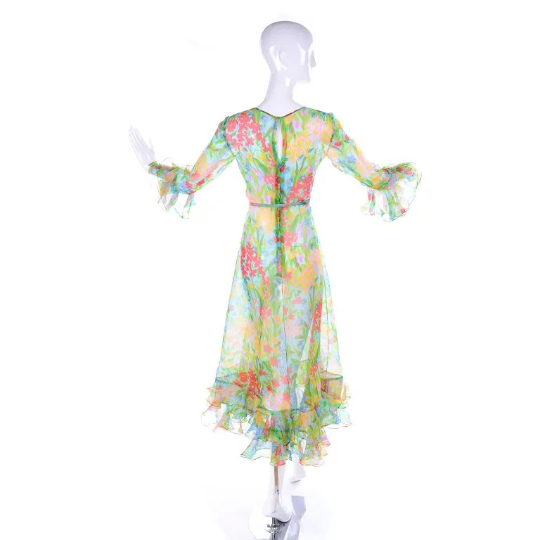 Vintage Sheer Floral Organza Dress w/ Ruffle Sleeves & Hem 4/6