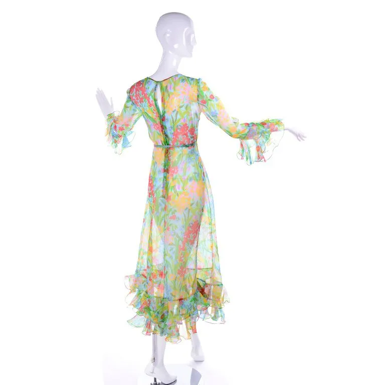 Vintage Sheer Floral Organza Dress w/ Ruffle Sleeves & Hem 4/6