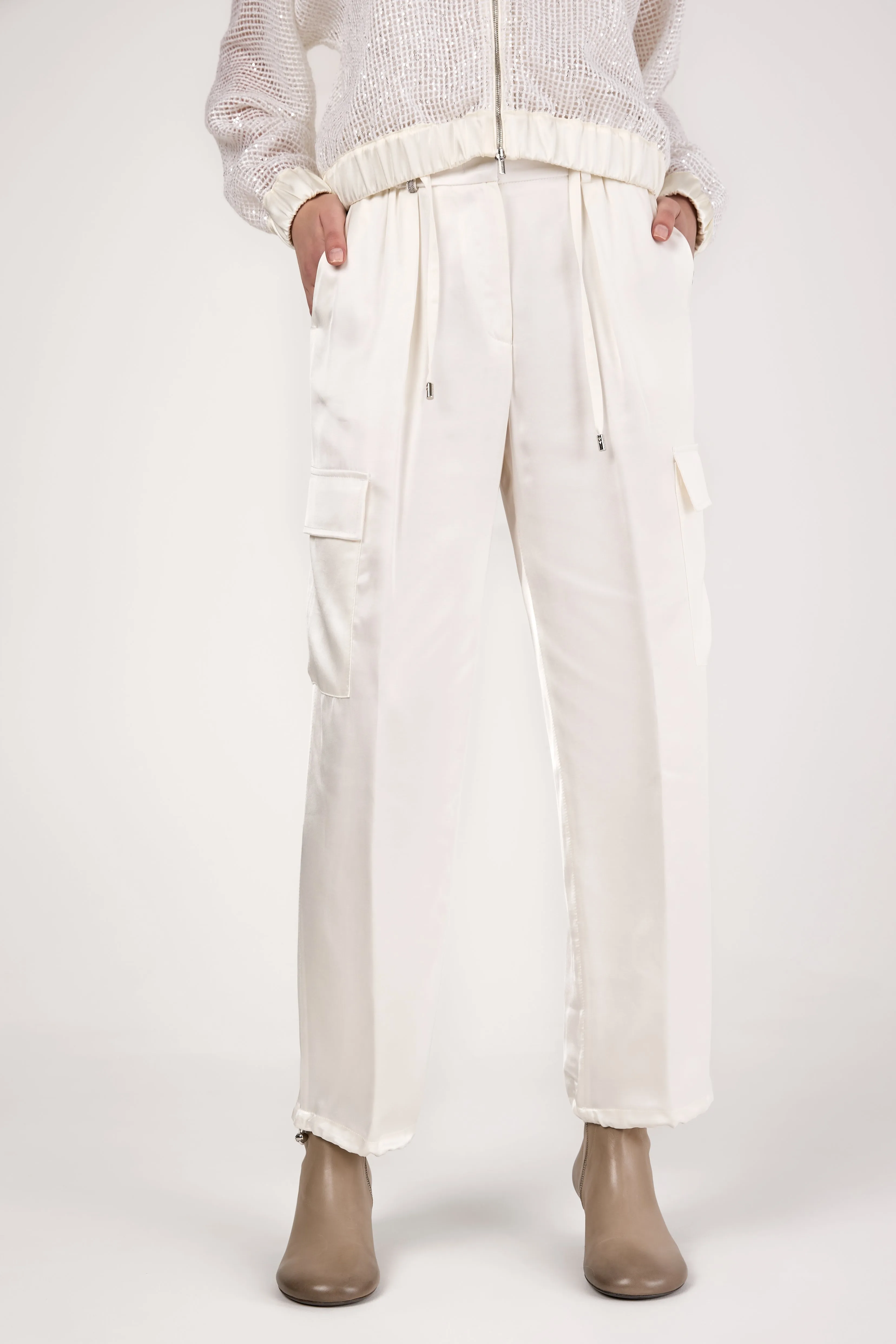 Viscose Satin Cargo Pant in Natural White