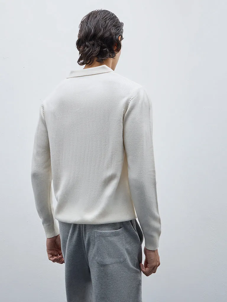 WES Casuals Off-White Knitted Relaxed-Fit Sweater