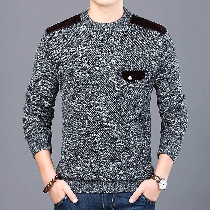 Western style round neck long sleeve men's thick winter chest pocket sweater