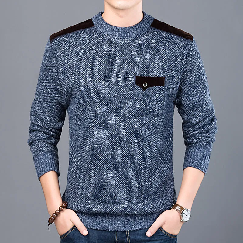 Western style round neck long sleeve men's thick winter chest pocket sweater