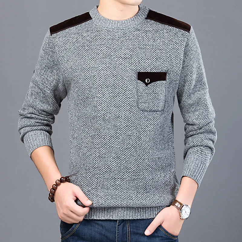 Western style round neck long sleeve men's thick winter chest pocket sweater