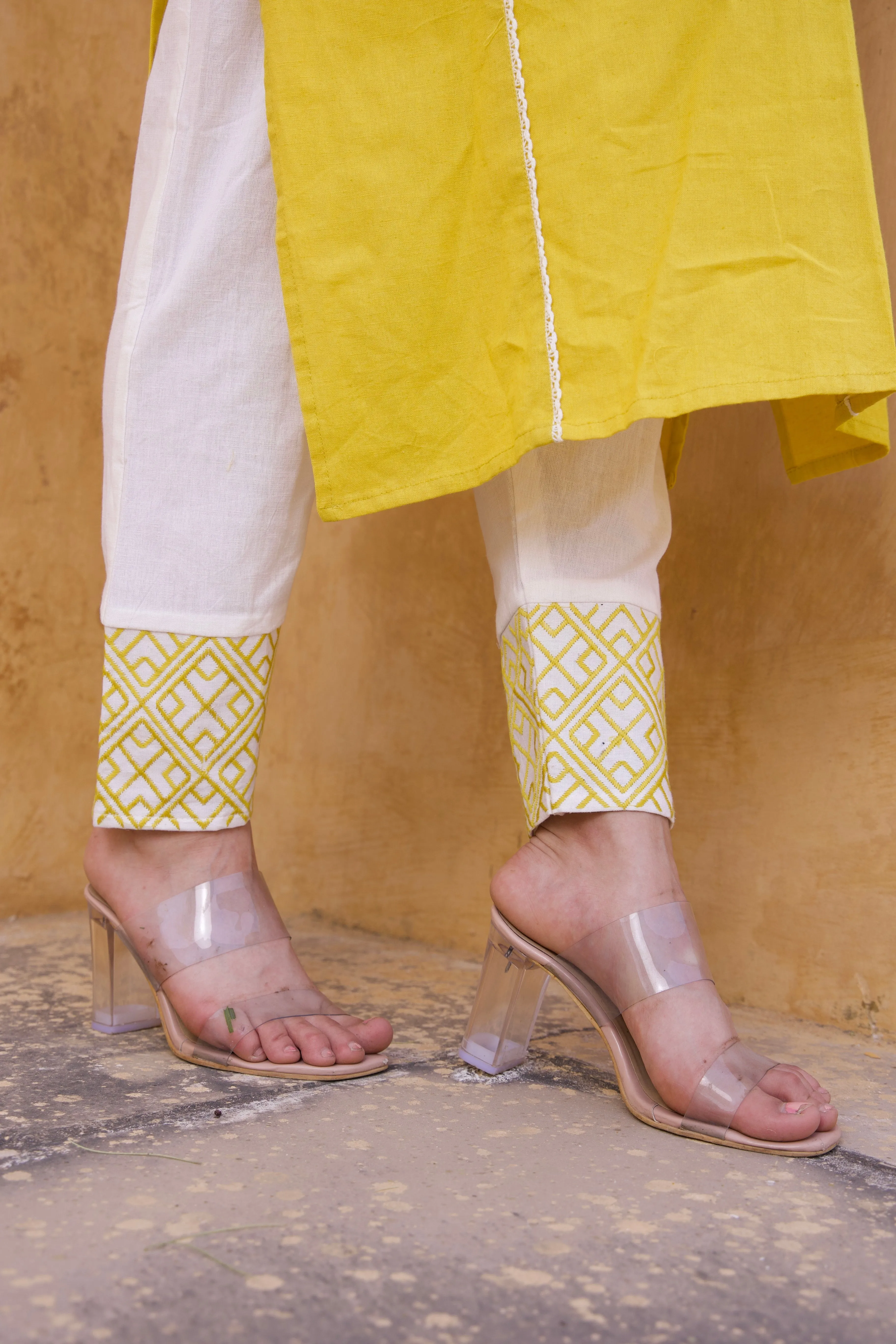 White And Yellow Embroidered Kurta And Pants