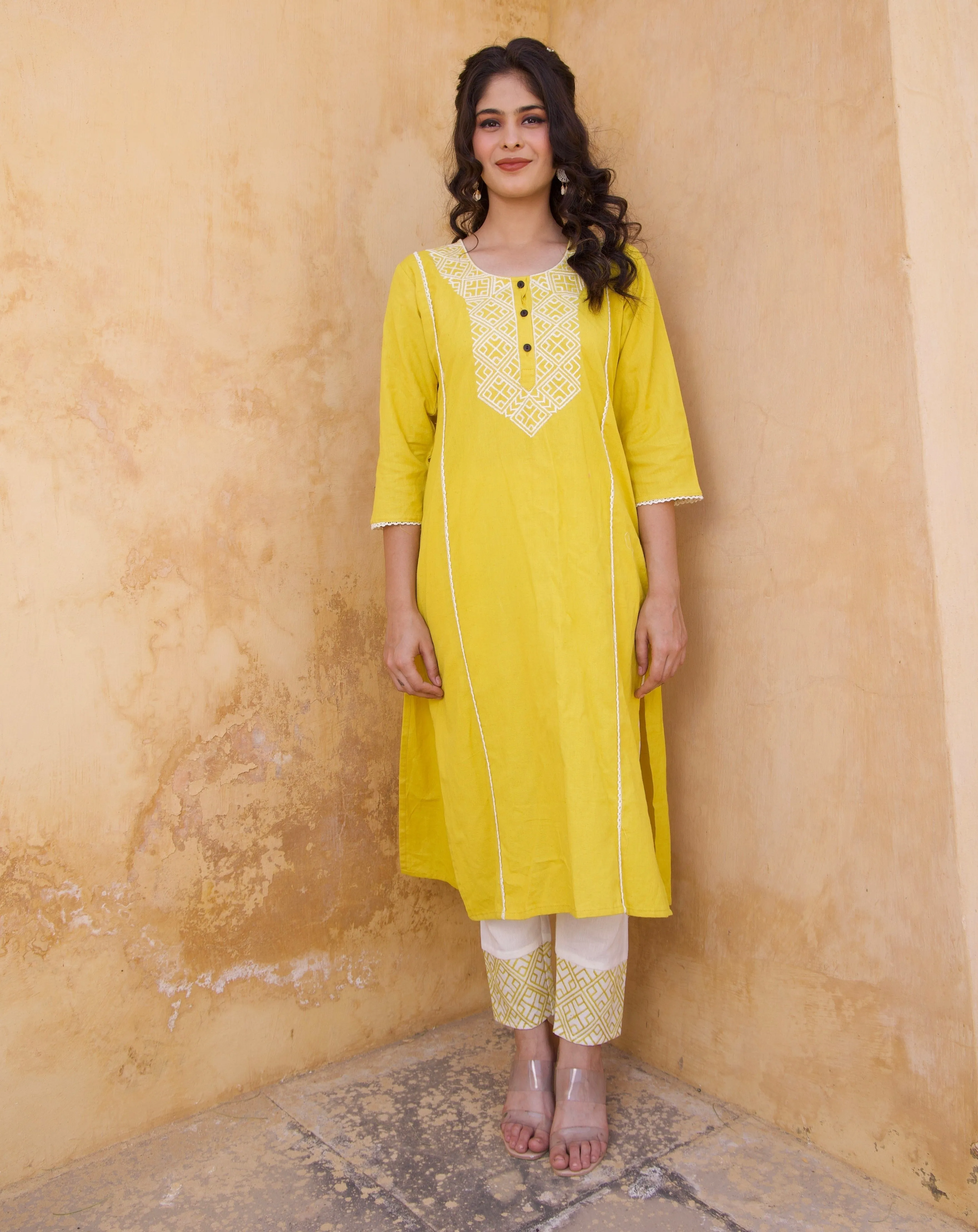 White And Yellow Embroidered Kurta And Pants