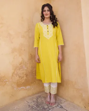 White And Yellow Embroidered Kurta And Pants