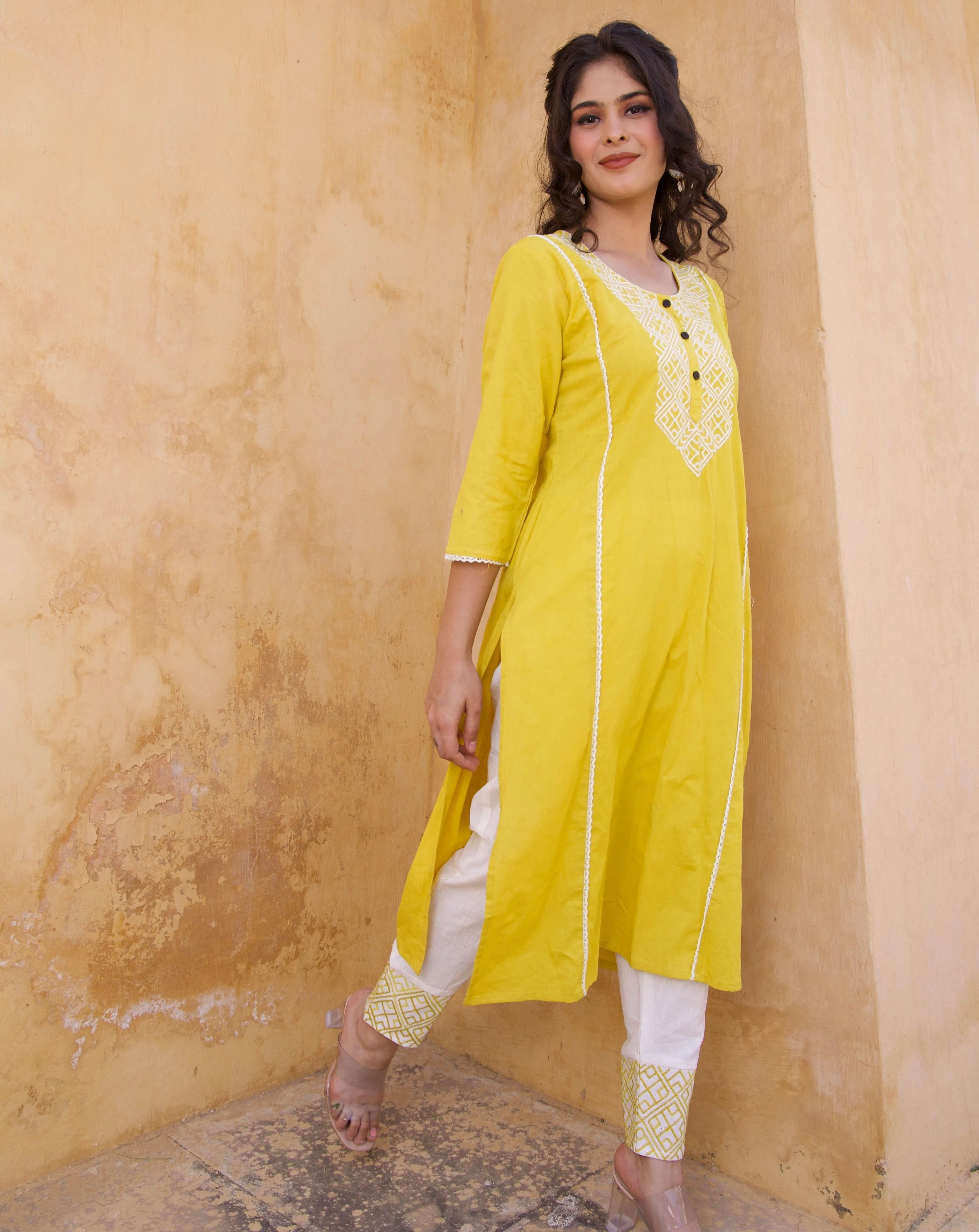 White And Yellow Embroidered Kurta And Pants