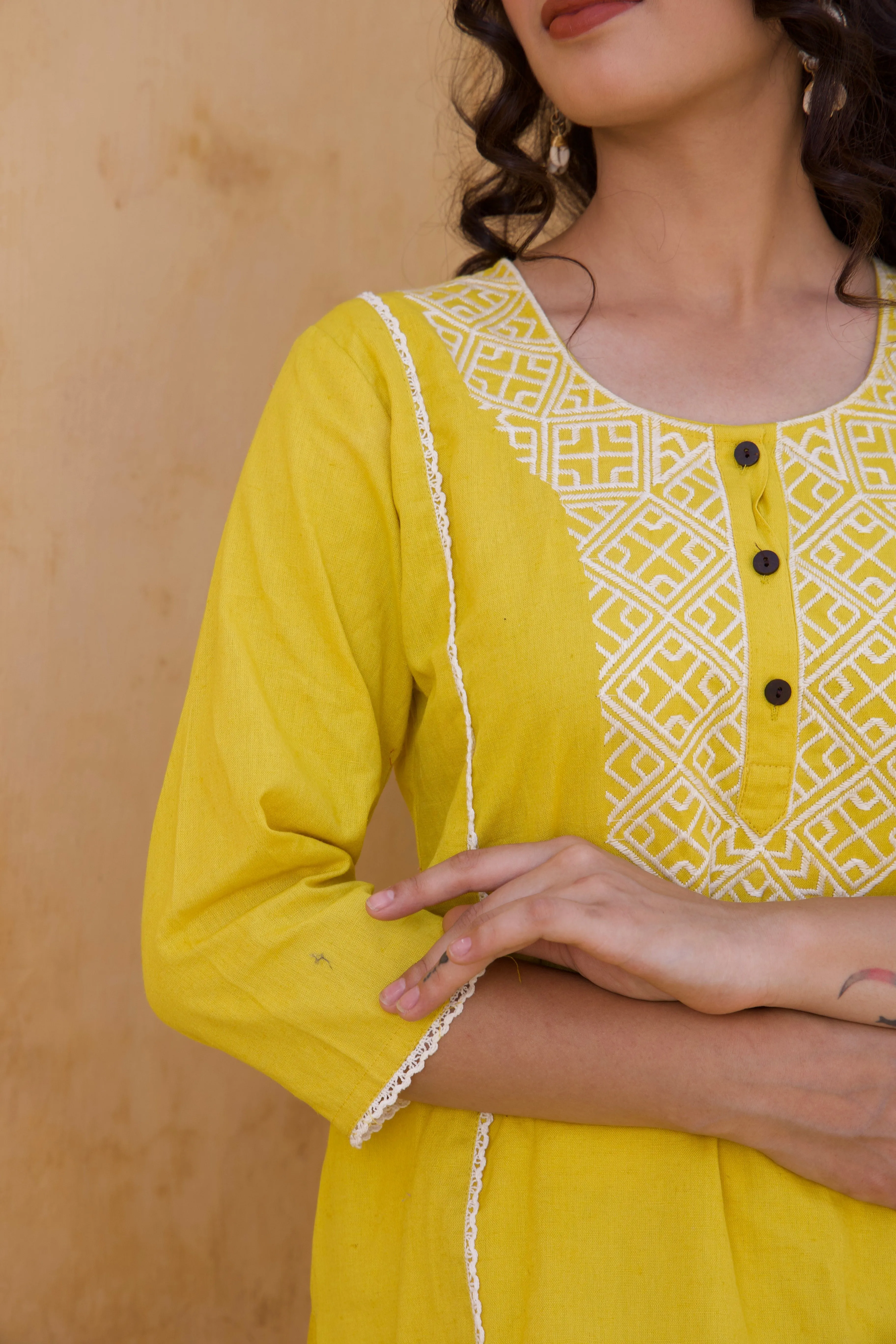 White And Yellow Embroidered Kurta And Pants