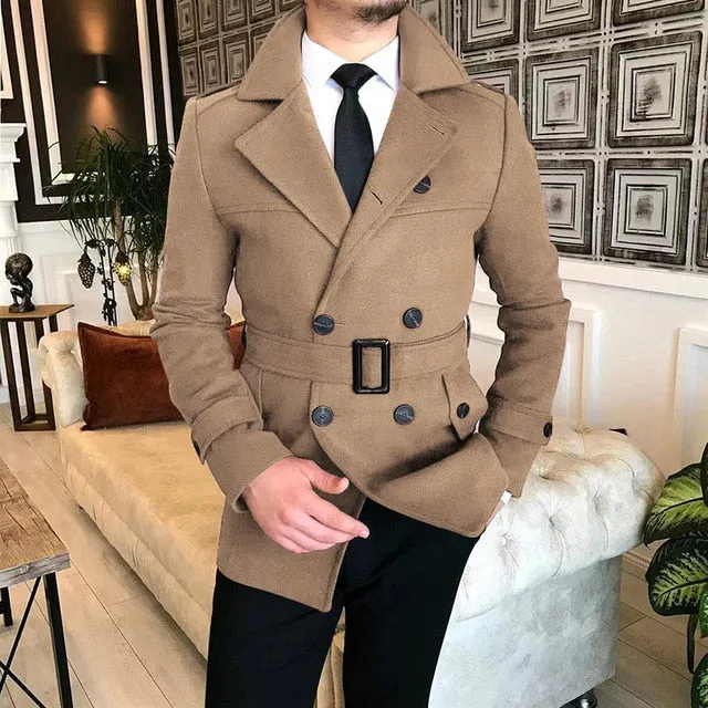 Wiaofellas Lapel Double Row Button Casual Trench Coat Woolen Coat with Belt Men's Trench Coat Autumn Men's Woolen Business Jacket