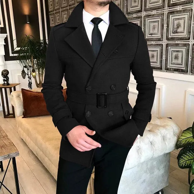 Wiaofellas Lapel Double Row Button Casual Trench Coat Woolen Coat with Belt Men's Trench Coat Autumn Men's Woolen Business Jacket