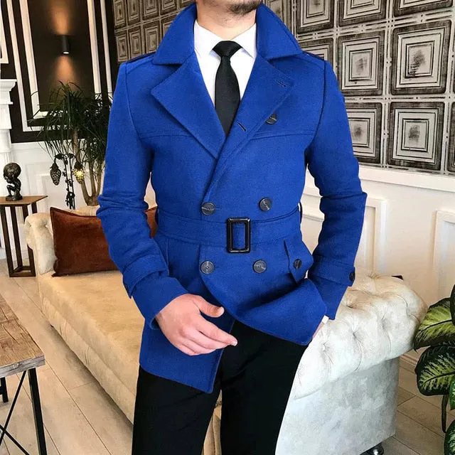 Wiaofellas Lapel Double Row Button Casual Trench Coat Woolen Coat with Belt Men's Trench Coat Autumn Men's Woolen Business Jacket