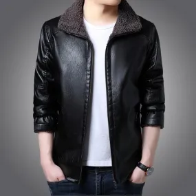 Winter Fleece Thick Leather Jacket Men's Fur Collar Casual Vintage Motorcycle Biker Coat Male Brand Design PU Jacket