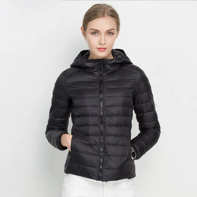 Winter Women Ultra Light Down Jacket 90% Duck Down Hooded Jackets Long Sleeve Warm Slim Coat Parka Female Solid Portabl Outwear