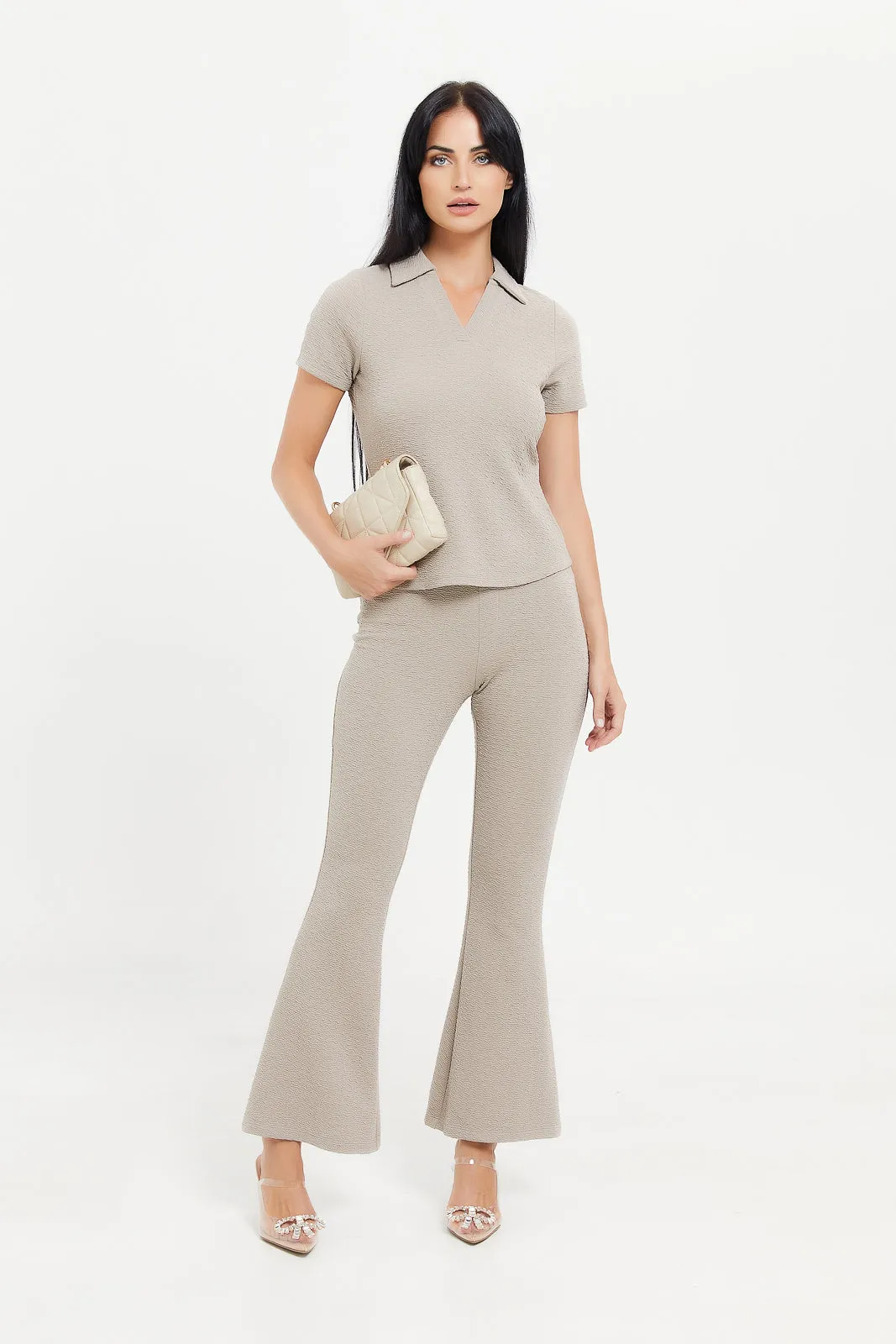 Women Beige Flare Textured Trouser