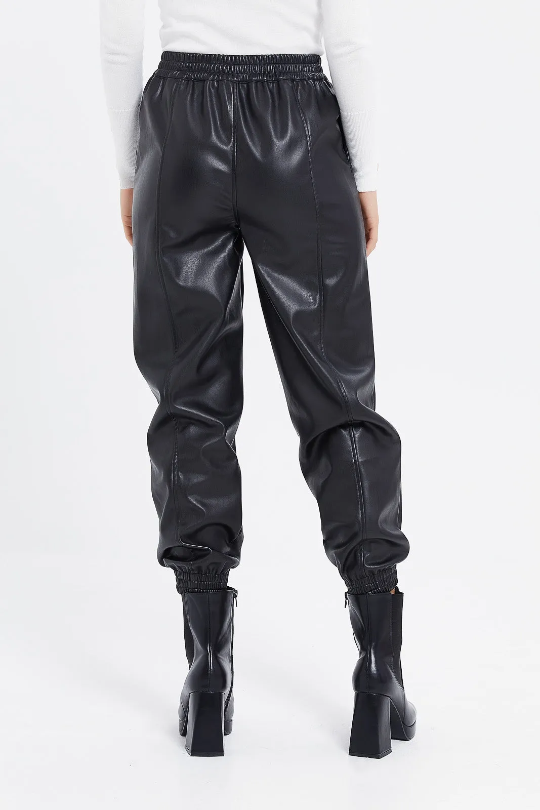 Women Black Leather Elasticated Waist Joggers