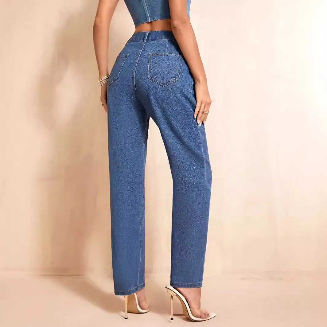 Women Clothing Fashionable Simple Casual High Waist Straight Leg Denim Trousers