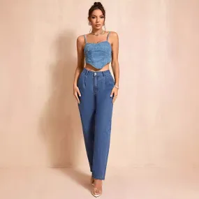 Women Clothing Fashionable Simple Casual High Waist Straight Leg Denim Trousers