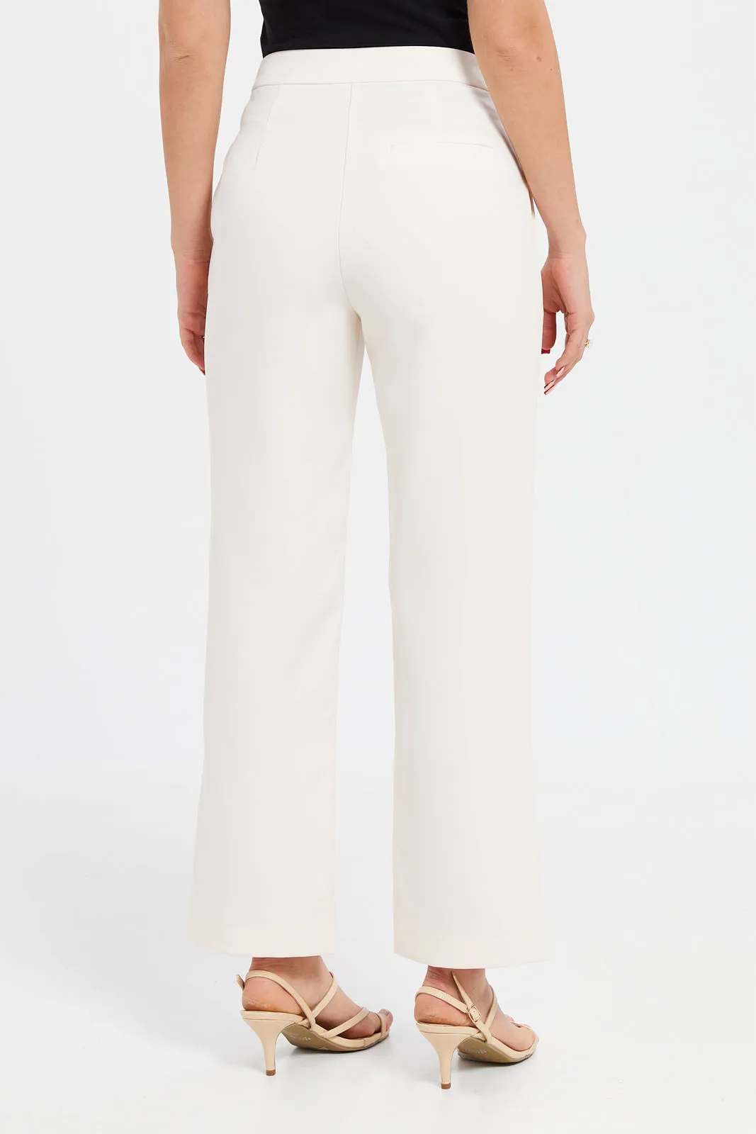 Women Ivory Plain Straight Leg Trouser