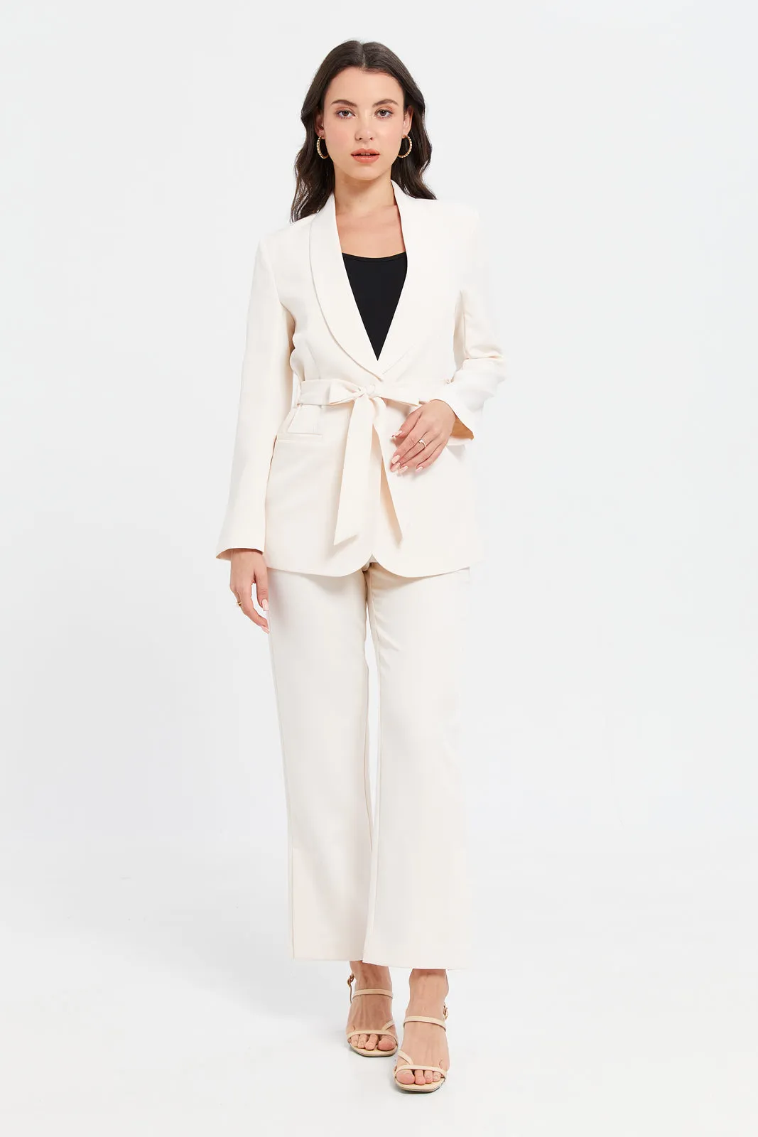 Women Ivory Plain Straight Leg Trouser