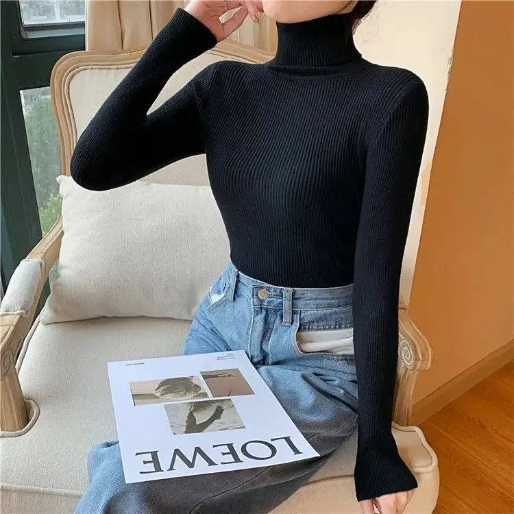 Women Pullover Heaps Collar Turtleneck Sweaters Autumn Winter Soft Warm Jumper Slim Female Basic Tops Casual Soft Knit Sweaters