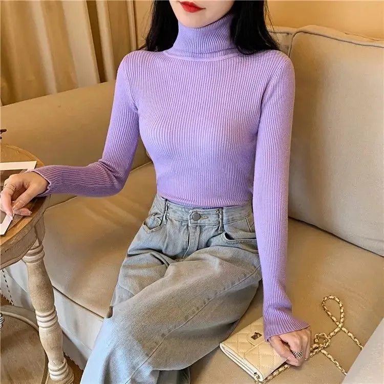 Women Pullover Heaps Collar Turtleneck Sweaters Autumn Winter Soft Warm Jumper Slim Female Basic Tops Casual Soft Knit Sweaters