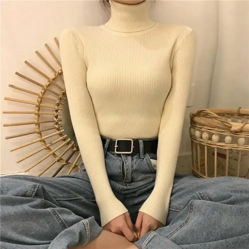 Women Pullover Heaps Collar Turtleneck Sweaters Autumn Winter Soft Warm Jumper Slim Female Basic Tops Casual Soft Knit Sweaters