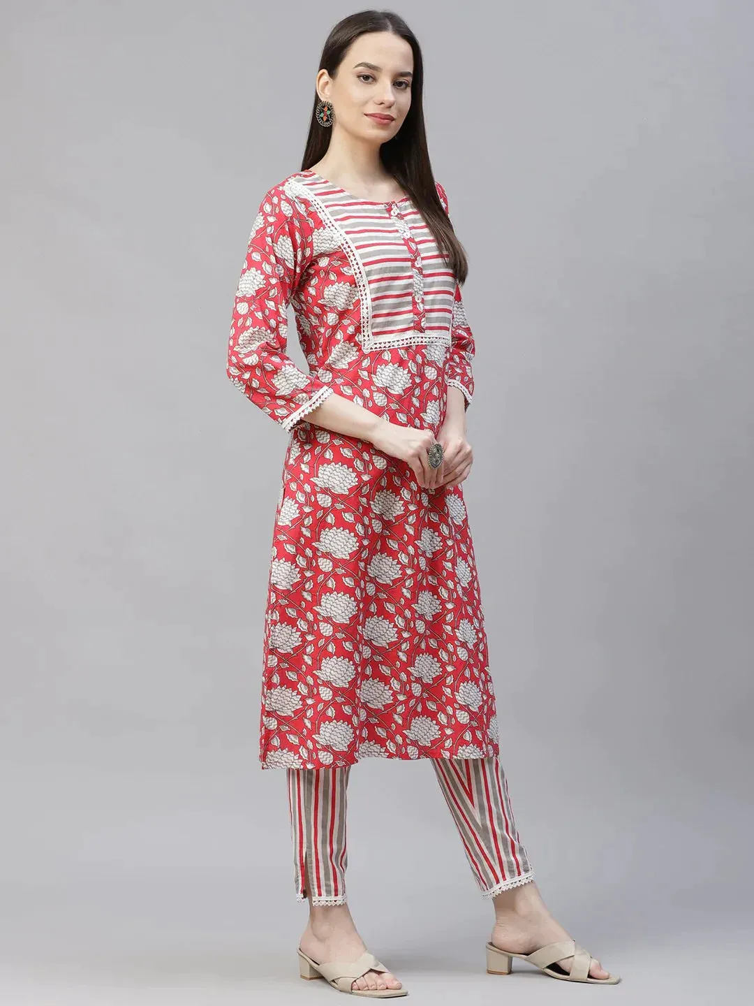 Women Red & Off-White Ethnic Motifs Printed Kurta With Trousers & Dupatta