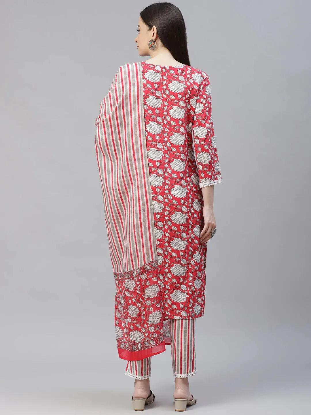 Women Red & Off-White Ethnic Motifs Printed Kurta With Trousers & Dupatta