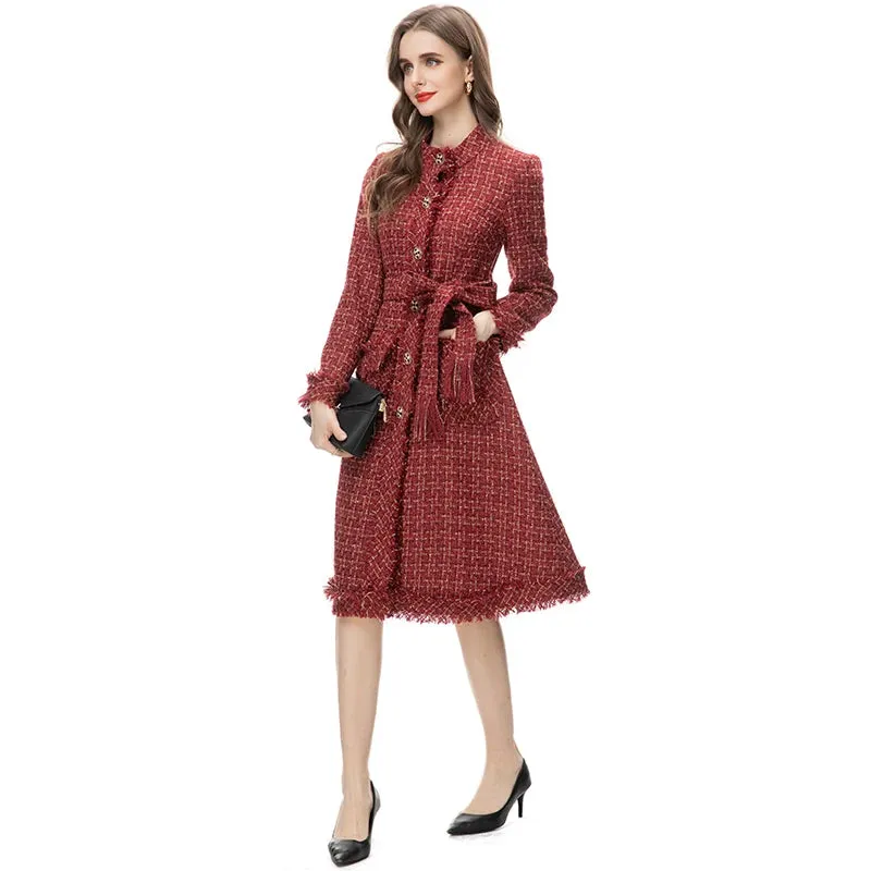 Women's Elegant Burgundy Tweed Long Coat