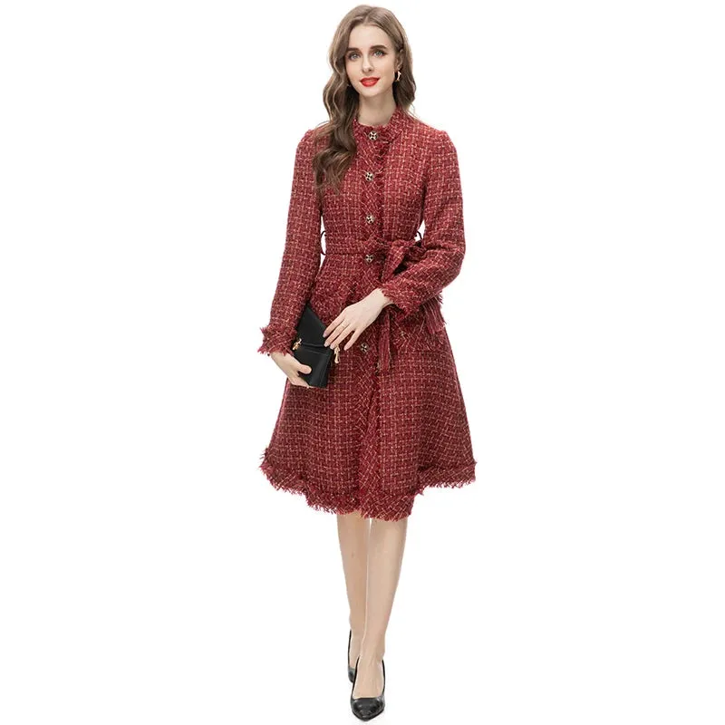 Women's Elegant Burgundy Tweed Long Coat