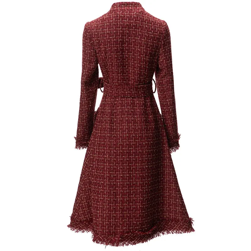 Women's Elegant Burgundy Tweed Long Coat