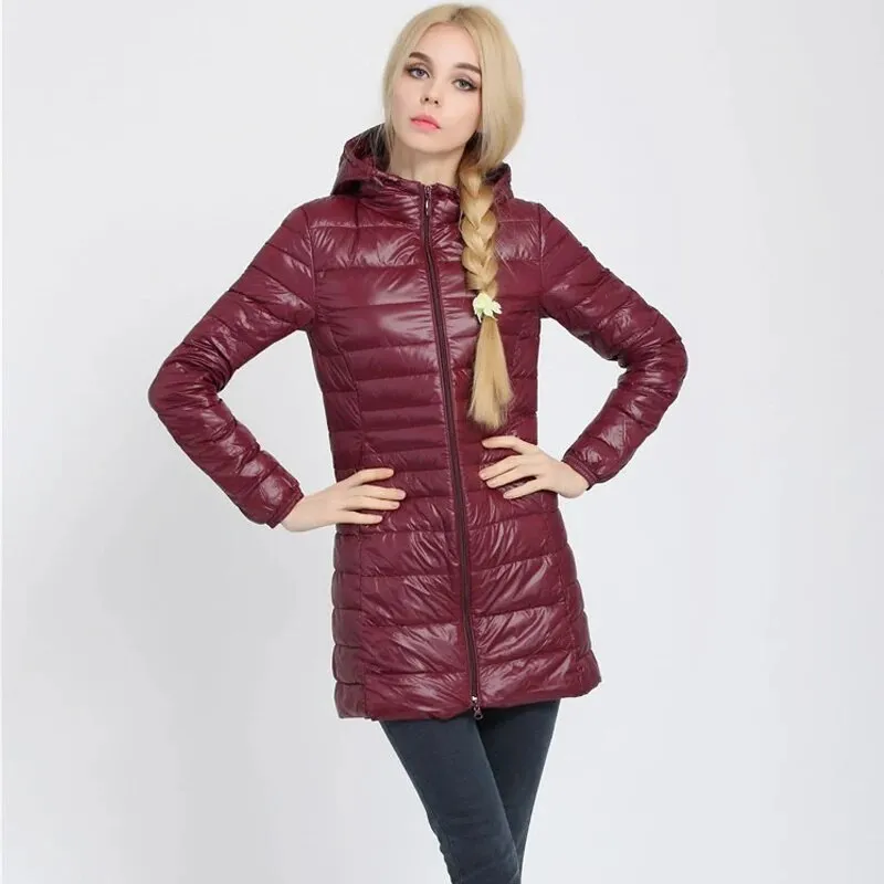 Women's Long Duck Down Parka Jackets Outwear Ultralight Hooded Thin Coat