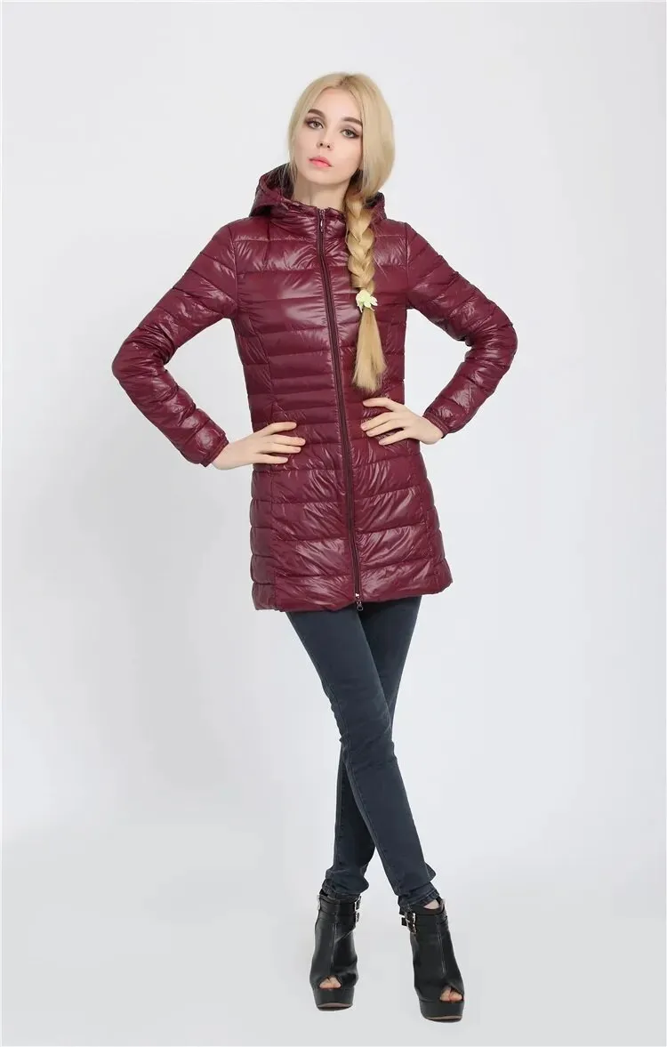 Women's Long Duck Down Parka Jackets Outwear Ultralight Hooded Thin Coat