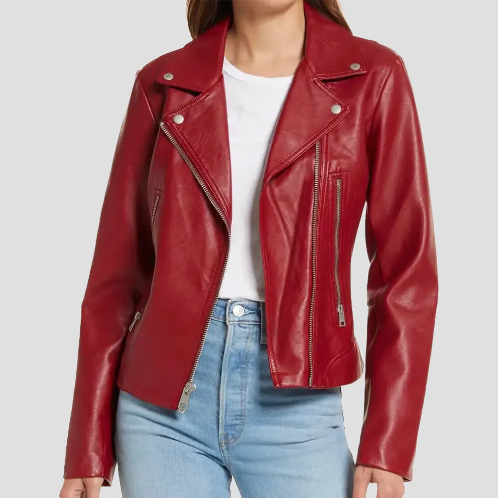 Women's Red Leather Moto Jacket