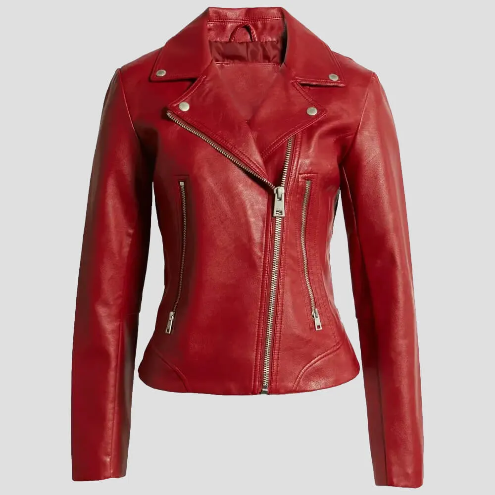 Women's Red Leather Moto Jacket