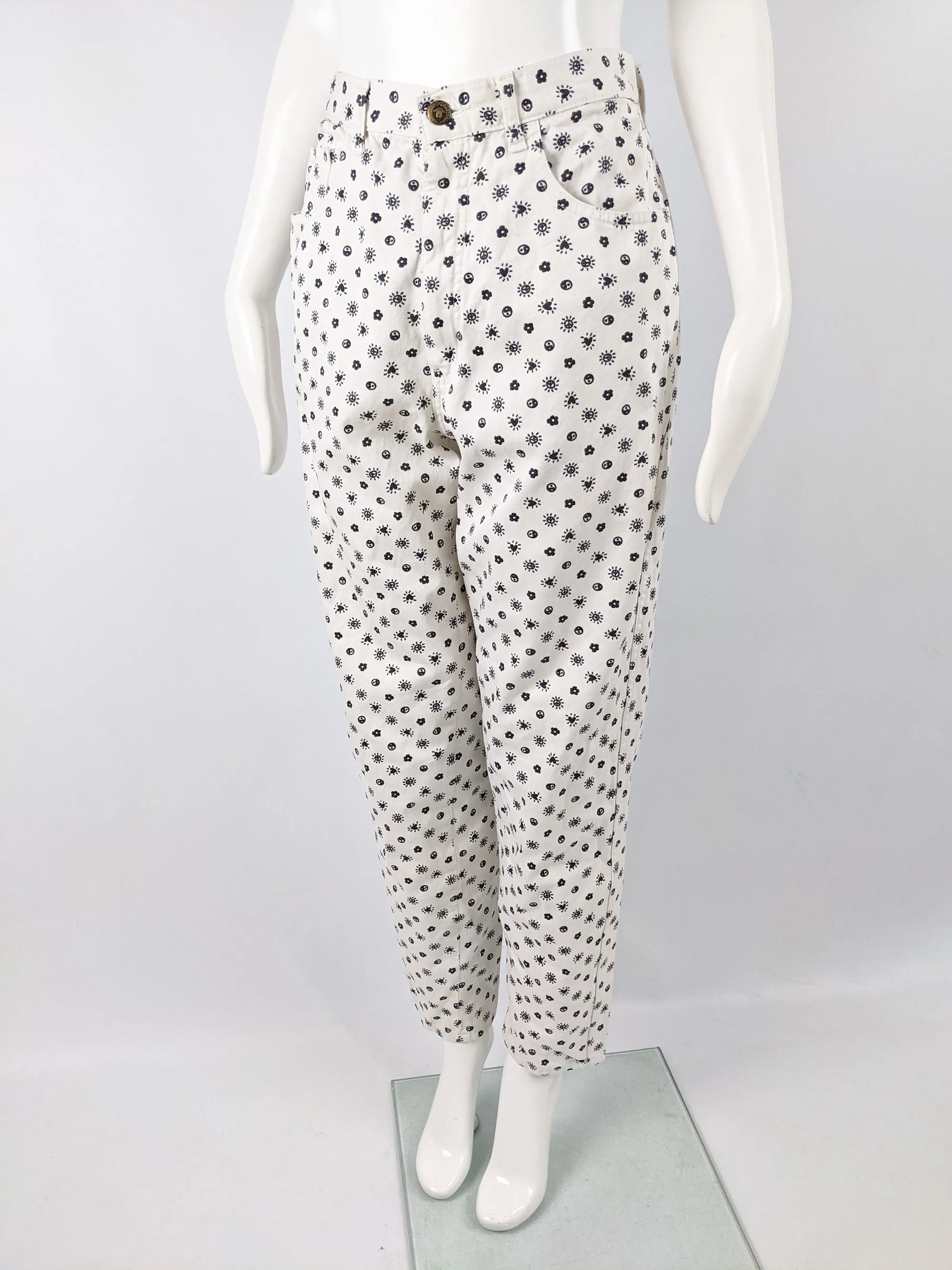 Womens Vintage Yin Yang Print White Mom Jeans, 1990s