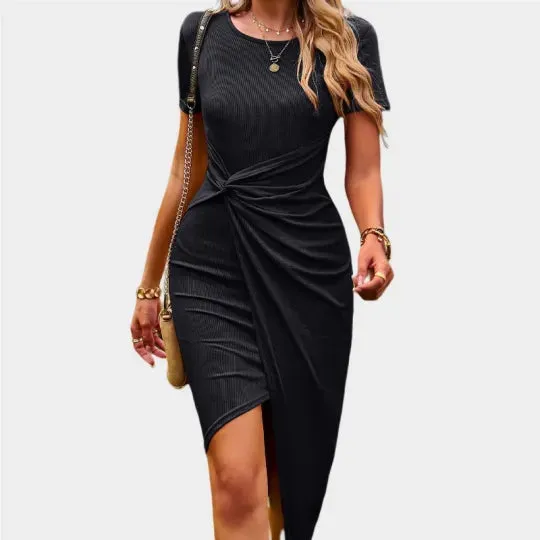 Wrap Cocktail Dress Short Sleeve Crew Neck Midi Black Dress