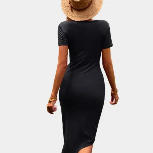 Wrap Cocktail Dress Short Sleeve Crew Neck Midi Black Dress