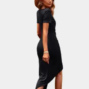 Wrap Cocktail Dress Short Sleeve Crew Neck Midi Black Dress