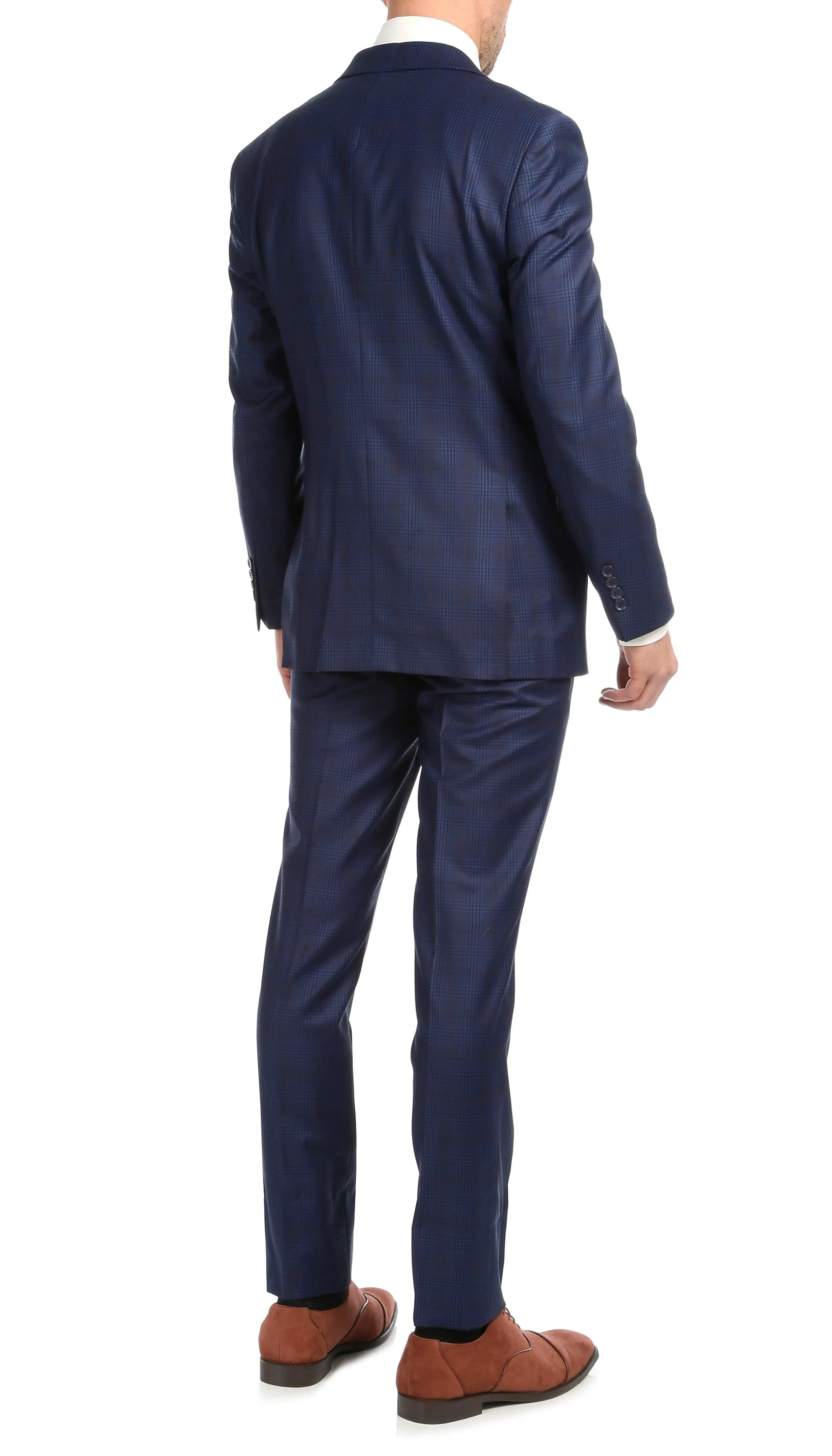 Yves Blue Plaid Check Men's Premium 2 Piece Wool Slim Fit Suit