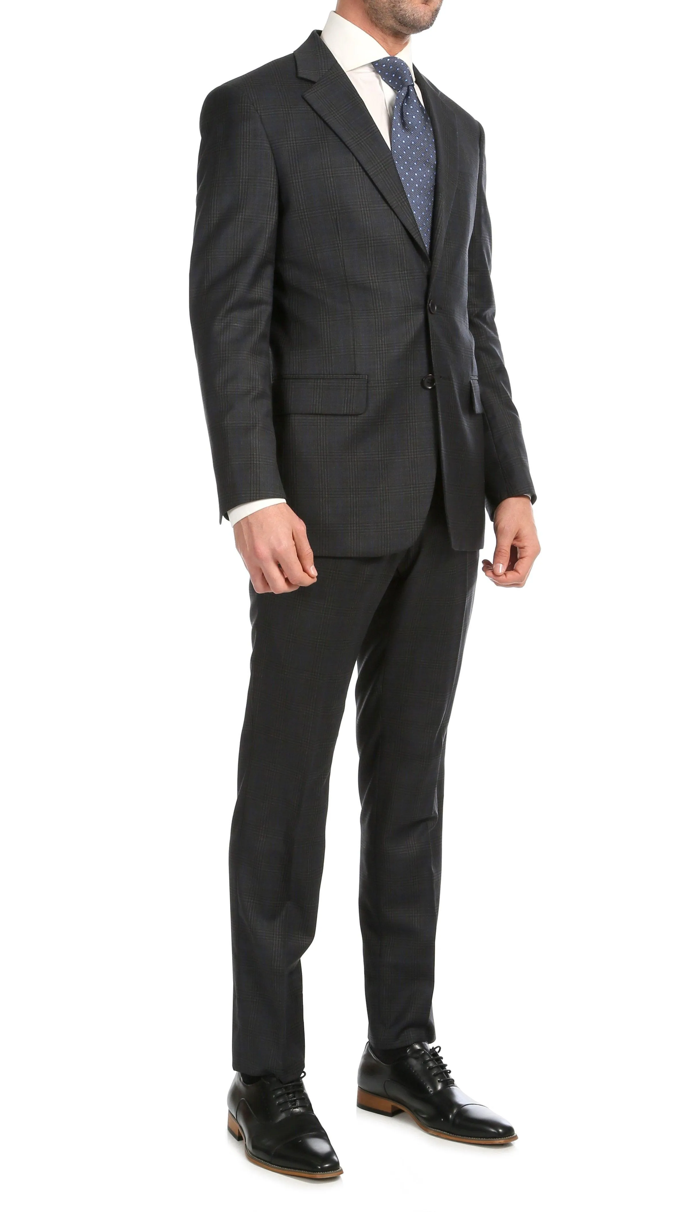 Yves Grey Plaid Check Men's Premium 2 Piece Wool Slim Fit Suit